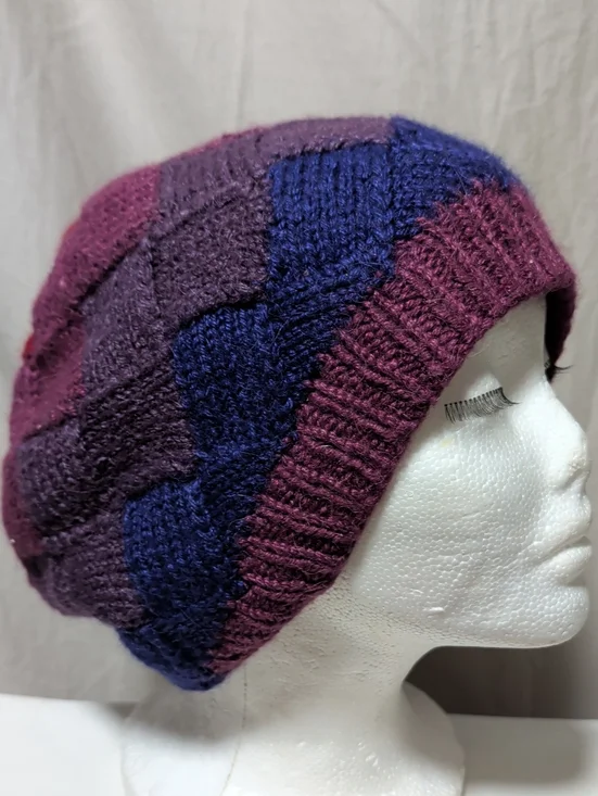 Entrelac Hand-Knit Purple Plaid Beanie - Women's Winter Hat Slouchy Warm Wear