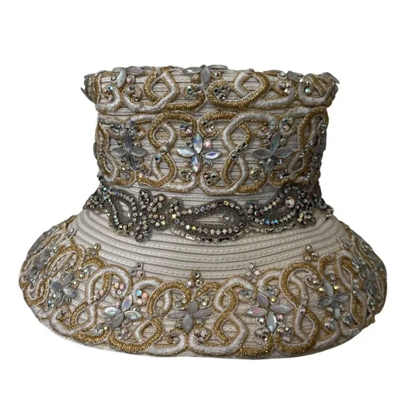 Vintage Shellie McDowell Heavily Embellished Gold Cream Lace Church Dress Hat