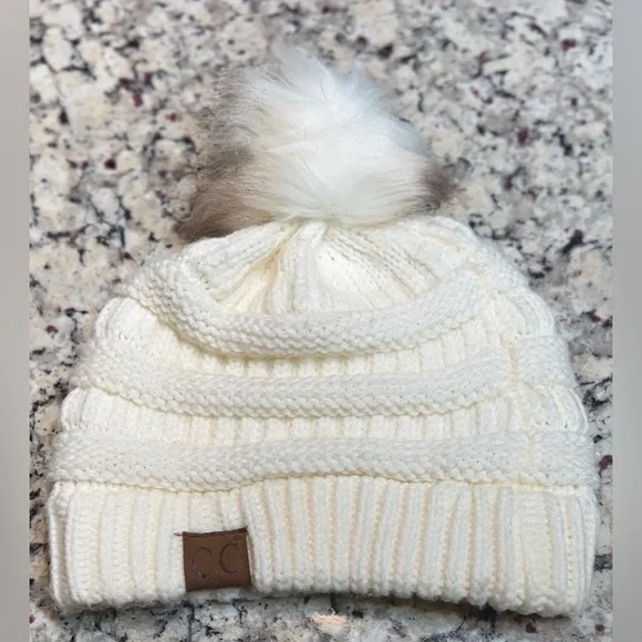 C.C Cream Ivory Ribbed‎ Knit Beanie Hat with Faux Fur Pom