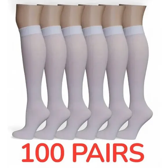 100 Pairs Knee‎ High Trouser Socks Queen Size Nylon Stocking White Individual Pk