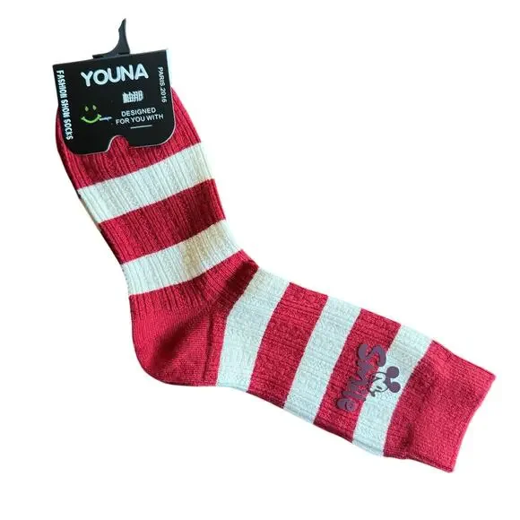 Youna Socks 22-24cm Size Red and White Stripes