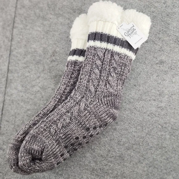 Cedarwood Threads Purple White Cable Knit Sherpa Lined Slipper Socks OSFM Unisex