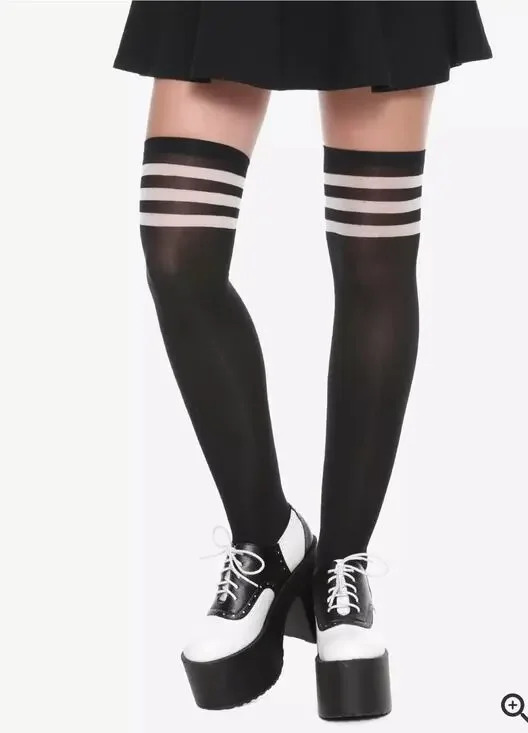 Blackheart Women's Black & White Varsity Stripe Thigh High Socks One-size