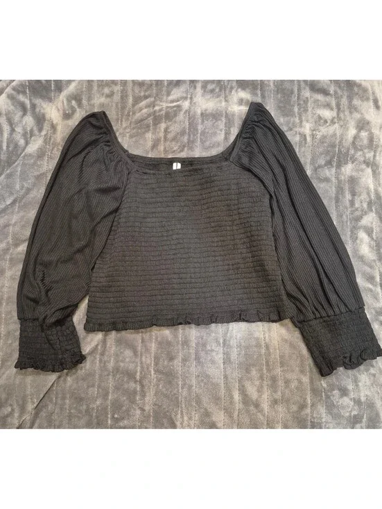 Anthropologie Black Smocked Square Neck Balloon Sleeve Bls