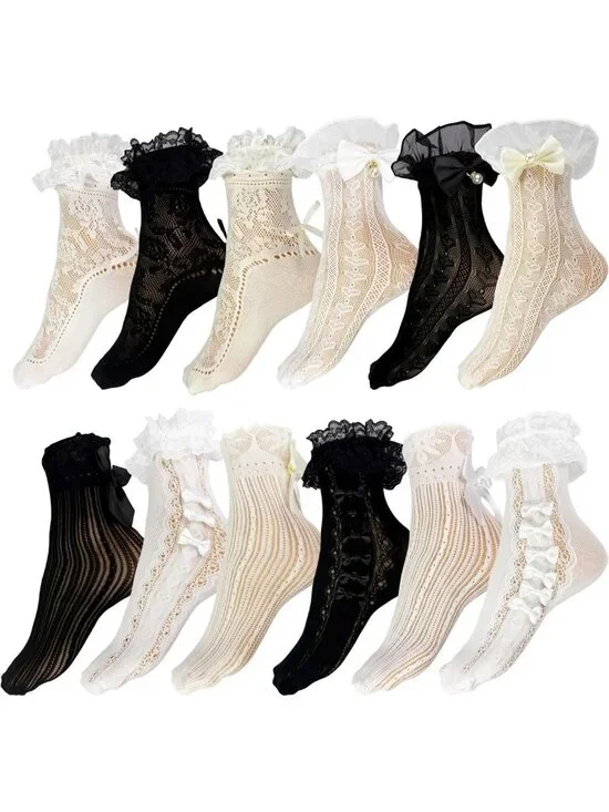 12 Pairs Frilly Ruffle Ankle Socks for Women - Cute Lace Bow Dress Socks