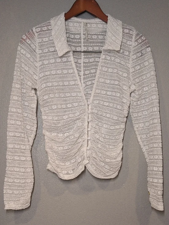 Whimsical Anthropologie Ivory Lace-Pattern Knit Top Flattering