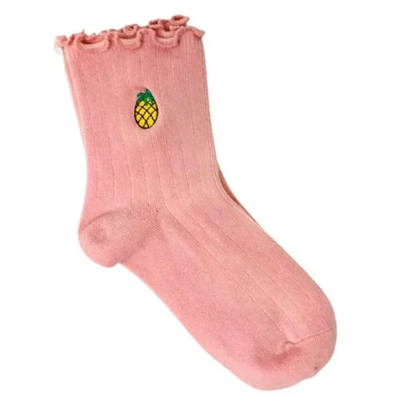 NWT Summer Picnic Pink Pineapple Embroidered Ruffle Socks