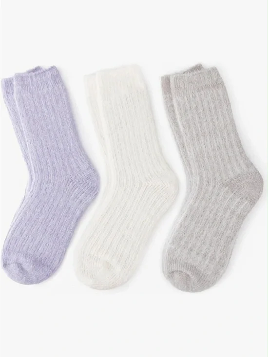 3-Pack Ribbed Cozy Knit Cotton Wool BlendCrew Socks in Lilac, Cream & Light Gray