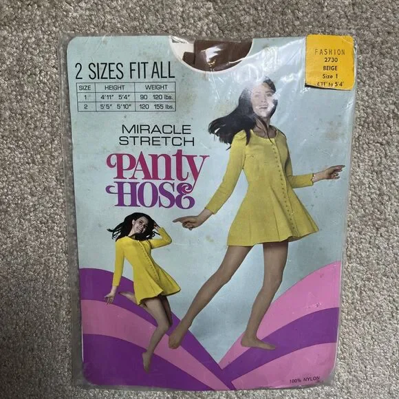 VTG 70s Retro Mod Miracle Stretch Pantyhose Nylons Beige Sz 1 Fit 4’11”- 5’4” US