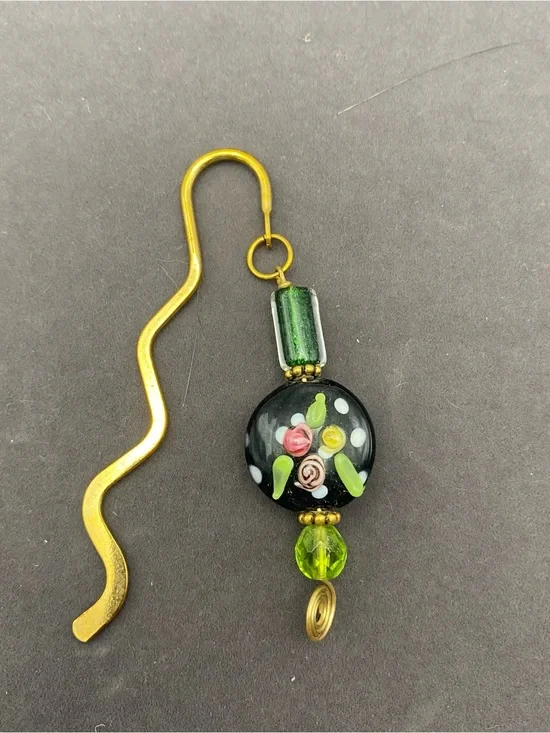 Black and Green Art Glass with Brass Floral Bookmark Charm