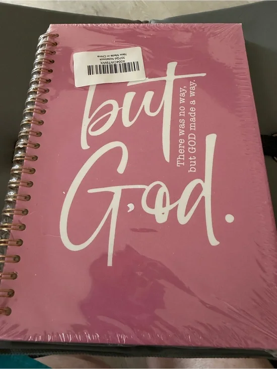 NWOT Pink Spiral Journal with White 'but God' Script