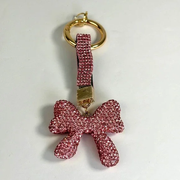 Sparkly Keychain Pink Rhinestone Bow Wristlet Charm Coquette Y2K Style Bling New