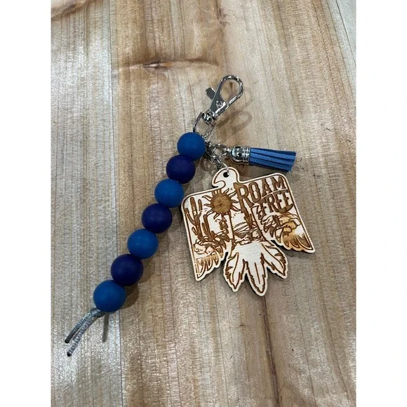 Roam Free‎ Blues Silicone Bead Lobster Clasp Keychain Purse Charm Wood Engraved