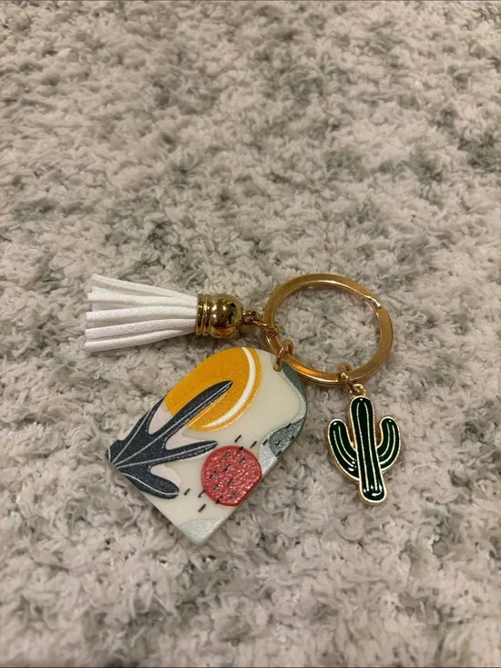 Bohemian Southwest Desert White Tassel Cactus Keychain Bag Charm NWT 2.5”