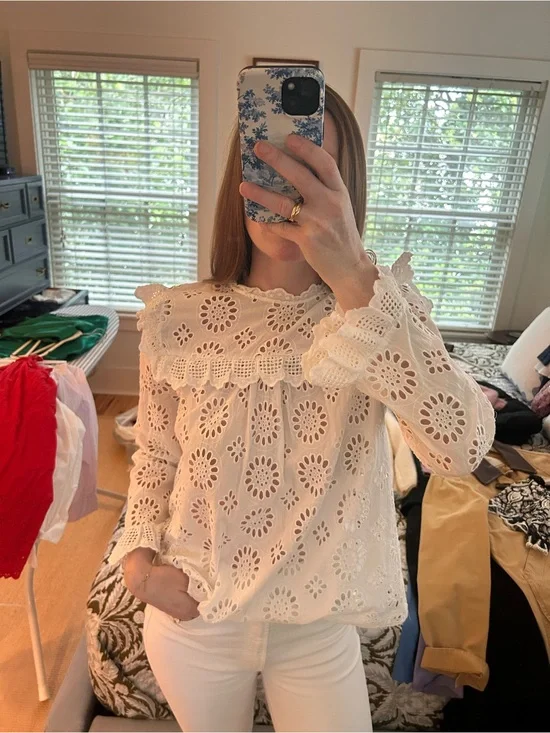 Zara Cream Eyelet Lace Long-Sleeve Blouse