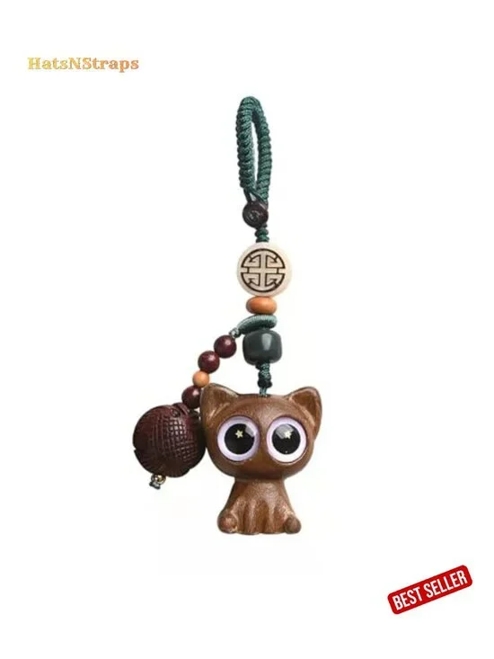 Hand-carved Wooden Lucky Cat Keychain - Feng Shui Good Luck Charm for Keys