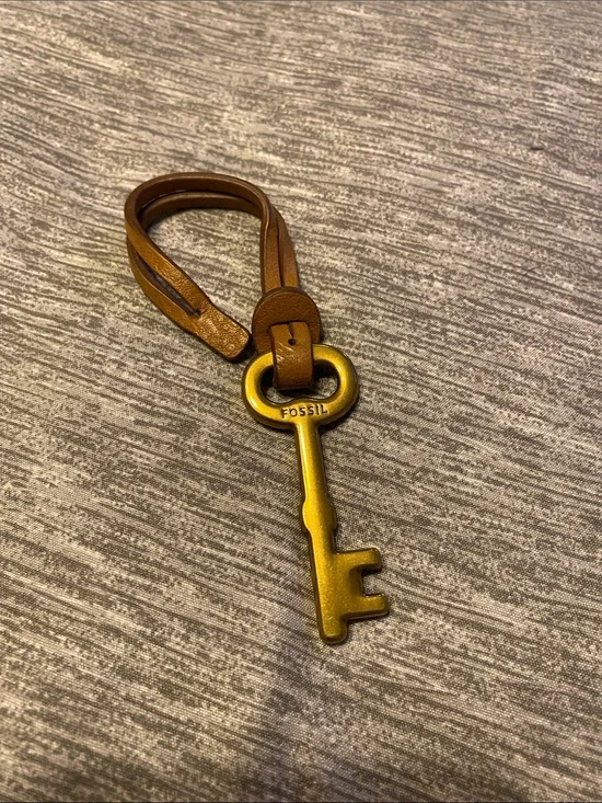 Fossil Key Charm Bag Charm Brass Colored w/ Leather Strap