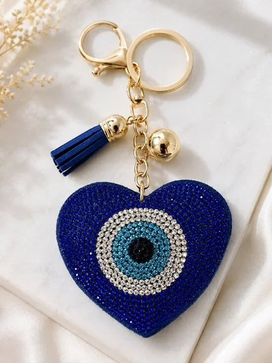 Blue Crystal Heart Evil Eye Rhinestone Tassel Keychain