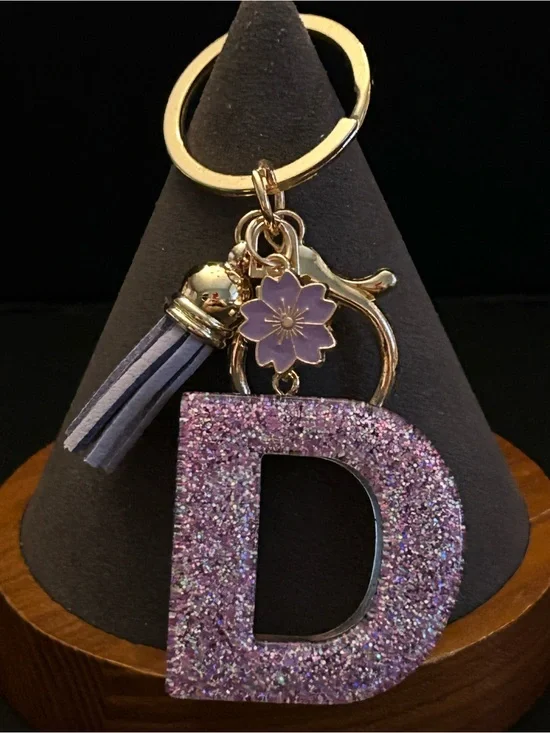 Gold-Tone Key & Card Holder w/Purple Glitter Choice of Initial Charm w/Tassel