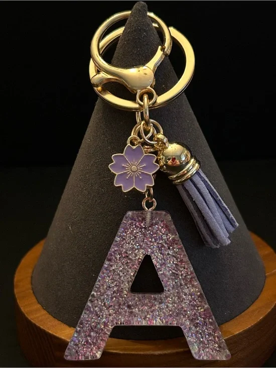 Gold-Tone Key & Card Holder w/Purple Glitter Choice of Initial Charm w/Tassel