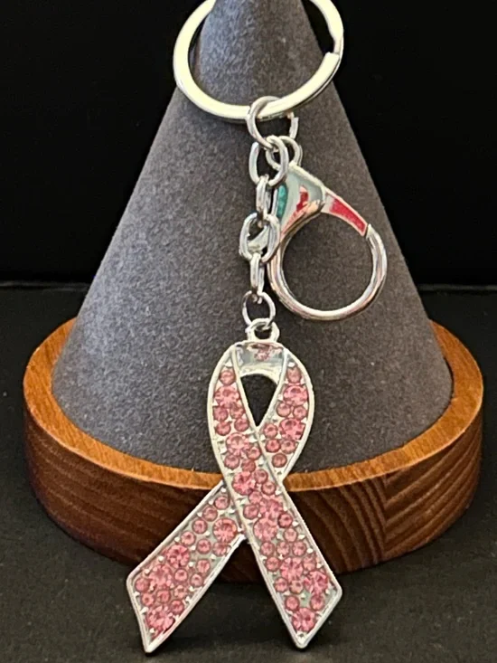 Pink Crystal Ribbon Bag Charm Keyring Keychain - Support Awareness - Silver