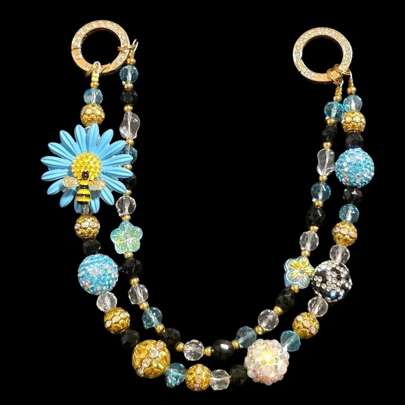 Elegant Blue and Gold Daisy And Bee Bag Charm