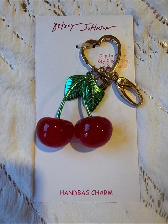 BNWT Betsey Johnson Red Cherry Keychain Bag Charm with Green Leaves