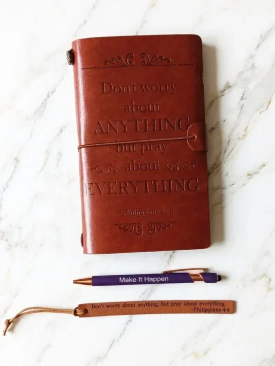 Brown Embossed Leather Journal with Pen Bookmark - Phil 4:6
