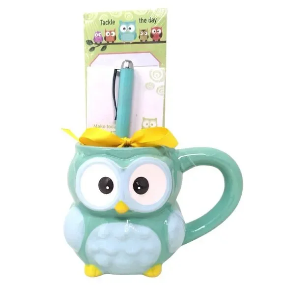 OWL Modern Expressions Green/Blue 3D Mug Cup 16 oz STATIONERY Notes Pen Set NEW