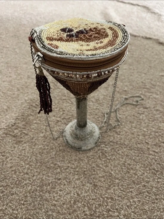 Beaded Martini Glass Crossbody Bag in Brown and Cream