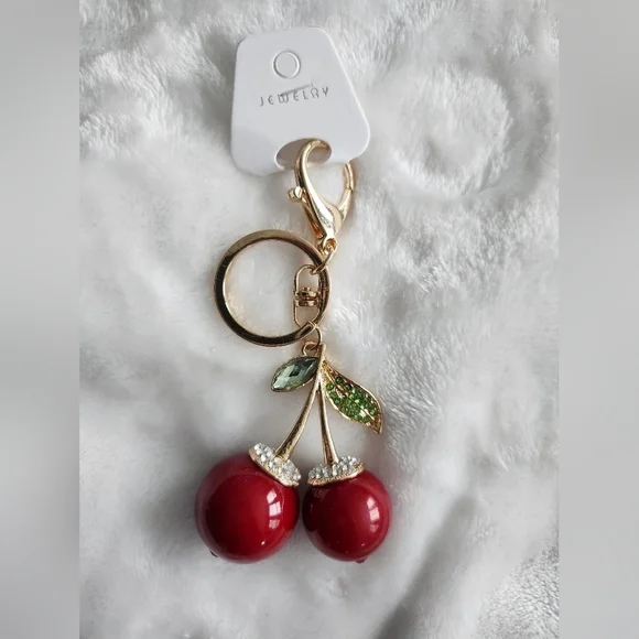 Cherry Keychain with Red and Gold Accents Bag Charm