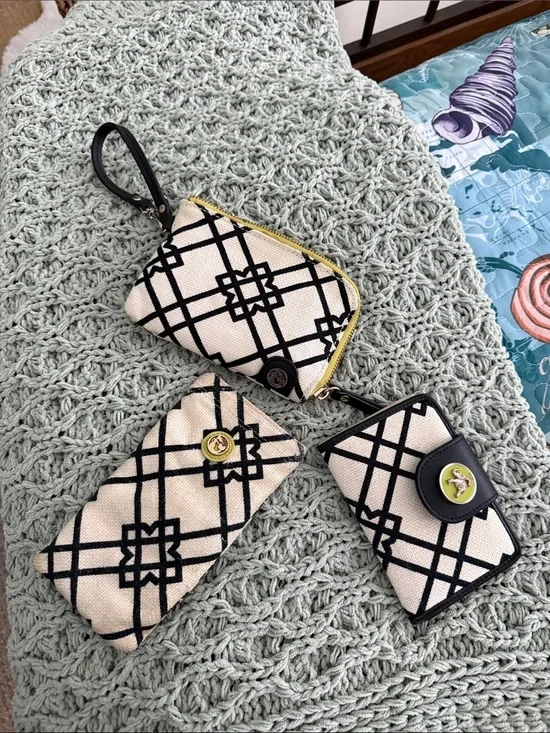 Spartina 449 Black & Cream Geometric 3-Piece Wristlet, Zip Pouch & Card Case Set