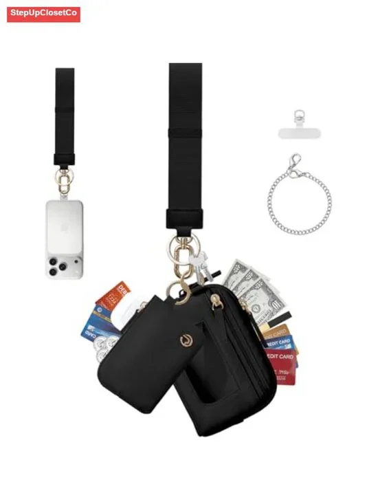 Dual Pouch Wristlet Keychain Wallet RFID Blocking Nylon Coin Purse Phone Tether