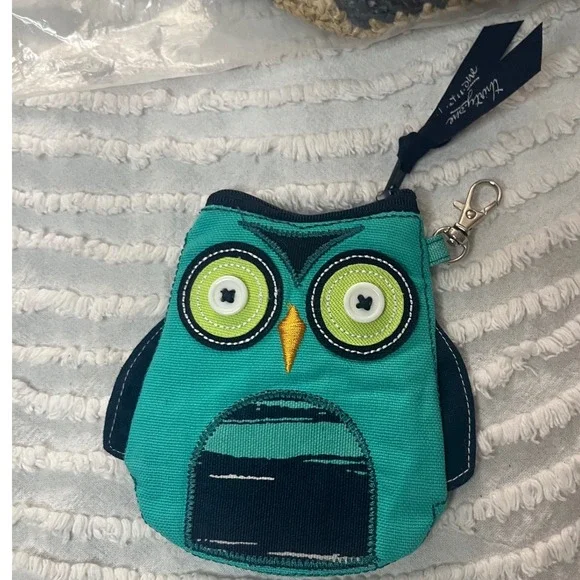 Thirty One 31 Gifts Whimsical Owl Coin Purse Turquoise‎ zip top key hook