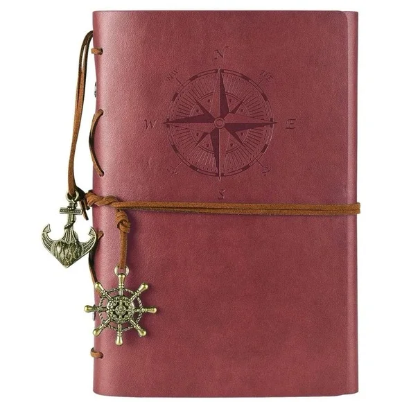 NEW Refillable Dark Red Leather Journal with Anchor/Nautical Charms