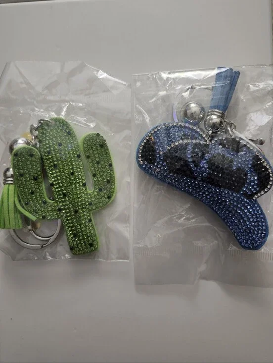 Crystal Cowgirl Hat & Cactus Keychain Set - Green & Blue