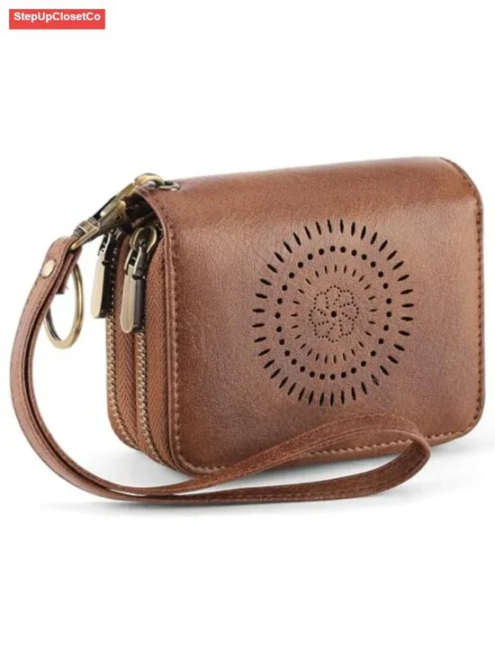 Vegan Leather RFID Blocking Double Zipper Wristlet Card Holder with ID Window