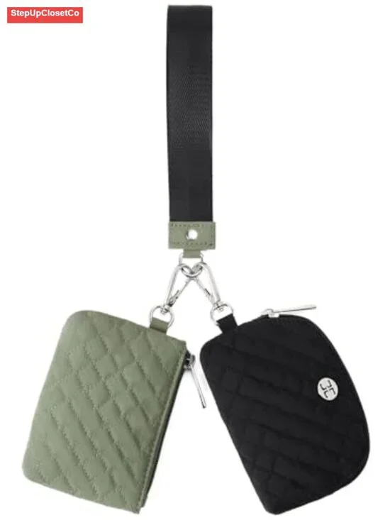 Women's Canvas Zip Around Wristlet Wallet with Keychain, Dual Pouch Coin Purse