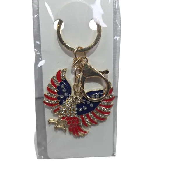 Patriotic USA Eagle Keychain‎ Flag Charm Bling 4th of July Gift Gold