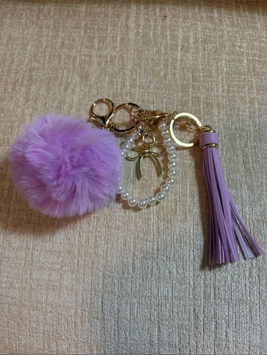 Lavender Pom Pom & Tassel Keychain with Pearl Ring and lobster claw.