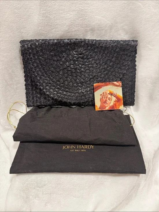 John Hardy Black Woven Clutch with Gold-Tone Drawstring dust bag. NWOT