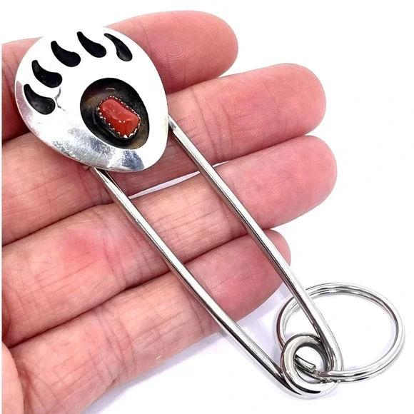 Giant Safety Pin Keyring Bear‎ Paw Print Coral Key Chain Navajo 4in Native USA