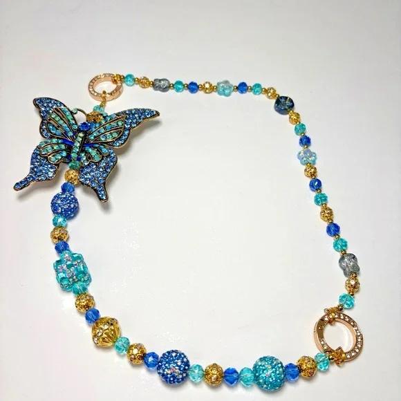 Boutique Blue Crystal Butterfly Bag Charm Large Y2K Beaded Purse‎ Accessory Gold