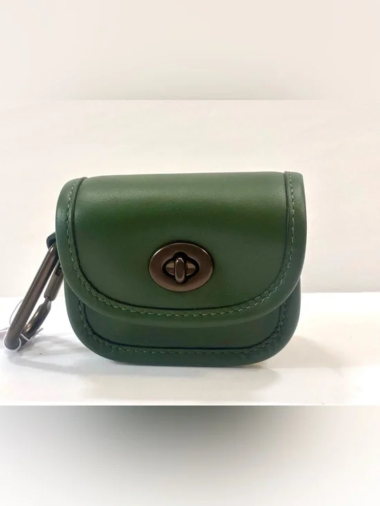 Coach Heritage Turnlock Leather Card case Bag Charm Dark Clover Green NWT