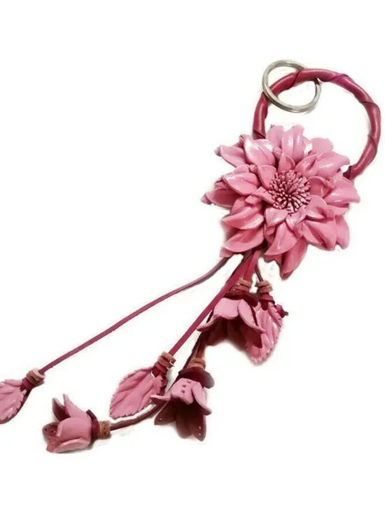 Handmade Genuine Leather Big Pink Dahlia Flower Keychain | Keyring & Wallet