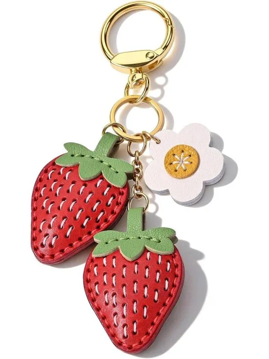 Handmade Double-Sided Strawberry Bag Charm | Leather Purse Accessory for Totes