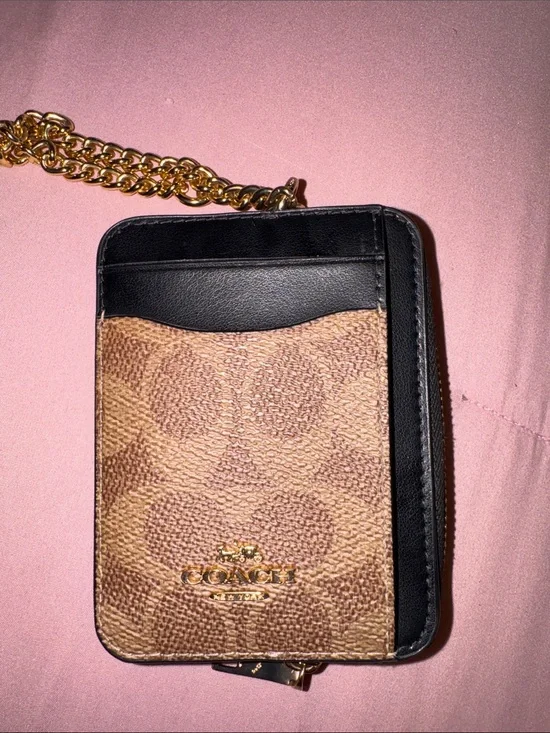 Coach Brown Signature Card Holder with Black Trim and Gold Chain