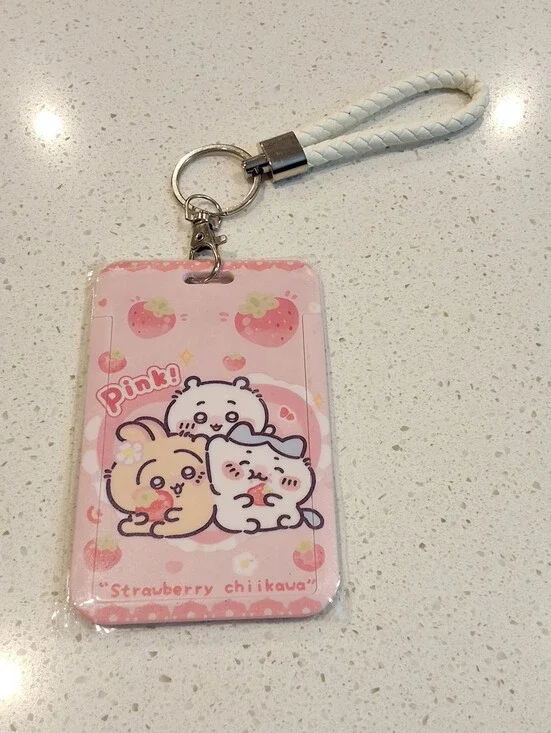 Chiikawa Strawberry Pink ID Badge Holder Card Holder Keychain Wrist Strap, NEW