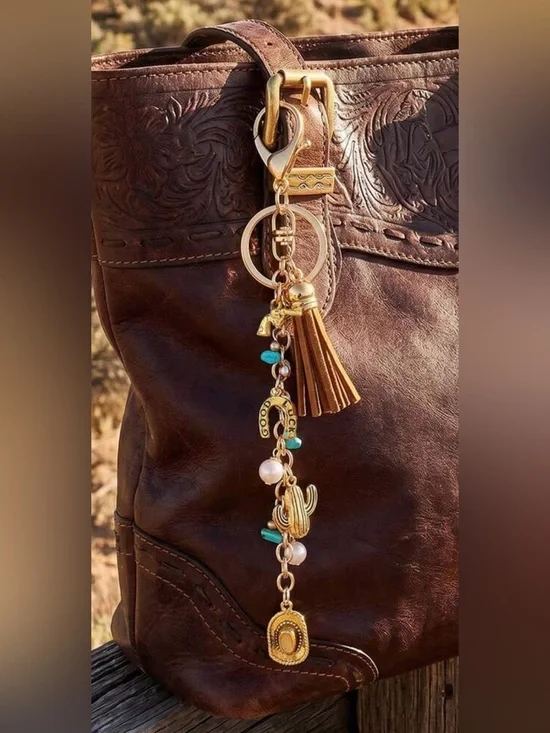 Western Bag Charm Tassel & Charm Keychain Bag Charm in Brown and Gold