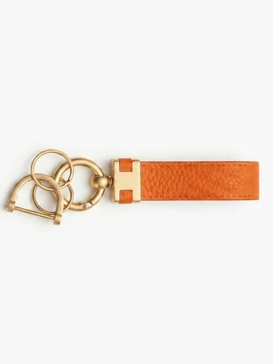 Leather Key Fob in Orange with Gold Hardware